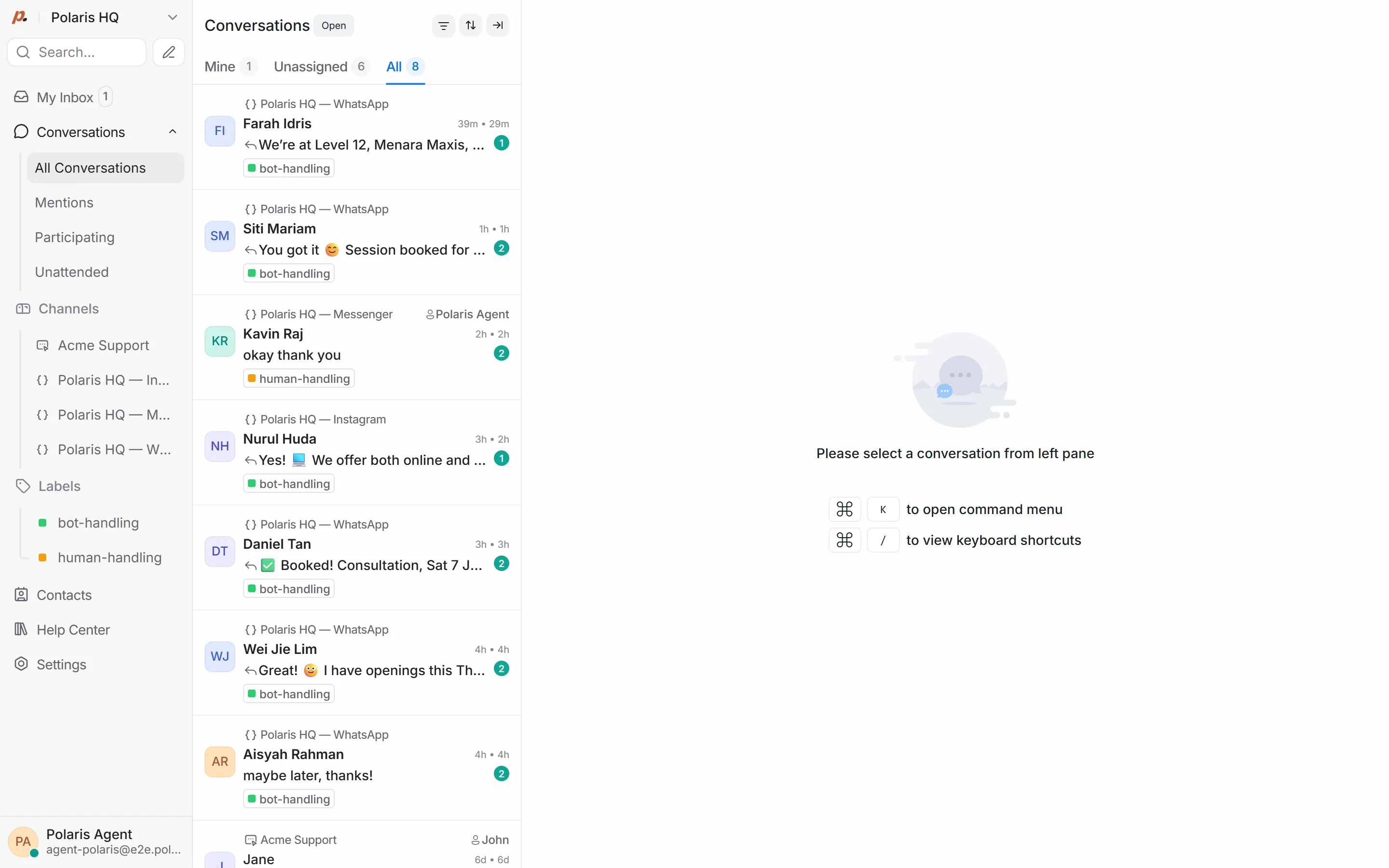 Polaris shared team inbox with chats across channels labelled bot-handling or human-handling