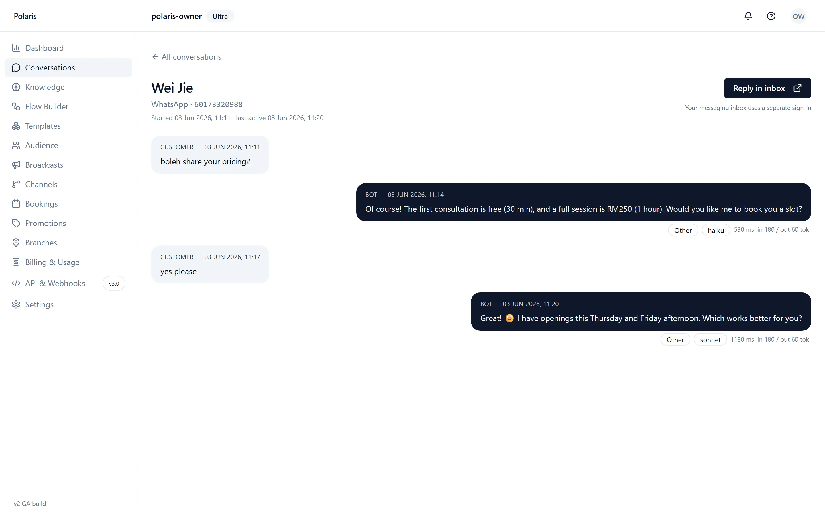 The Polaris AI replying to a customer booking on WhatsApp