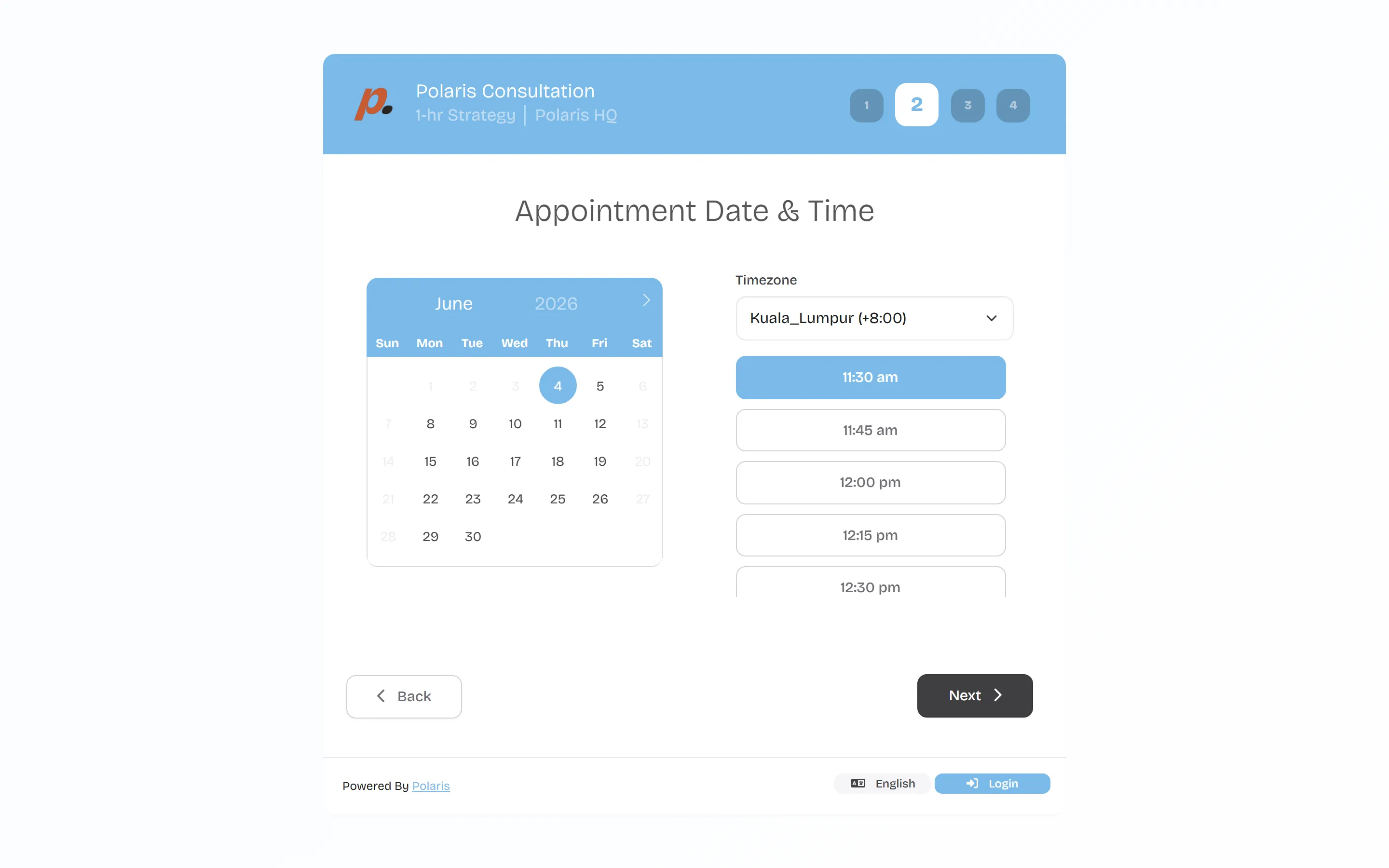 The Polaris customer booking page showing service, calendar and available time slots