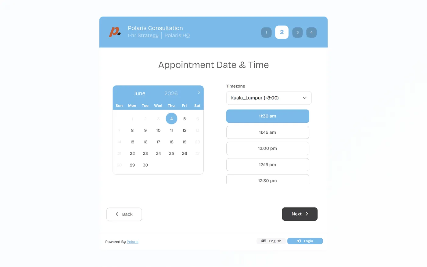 The Polaris customer booking page showing service, calendar and available time slots