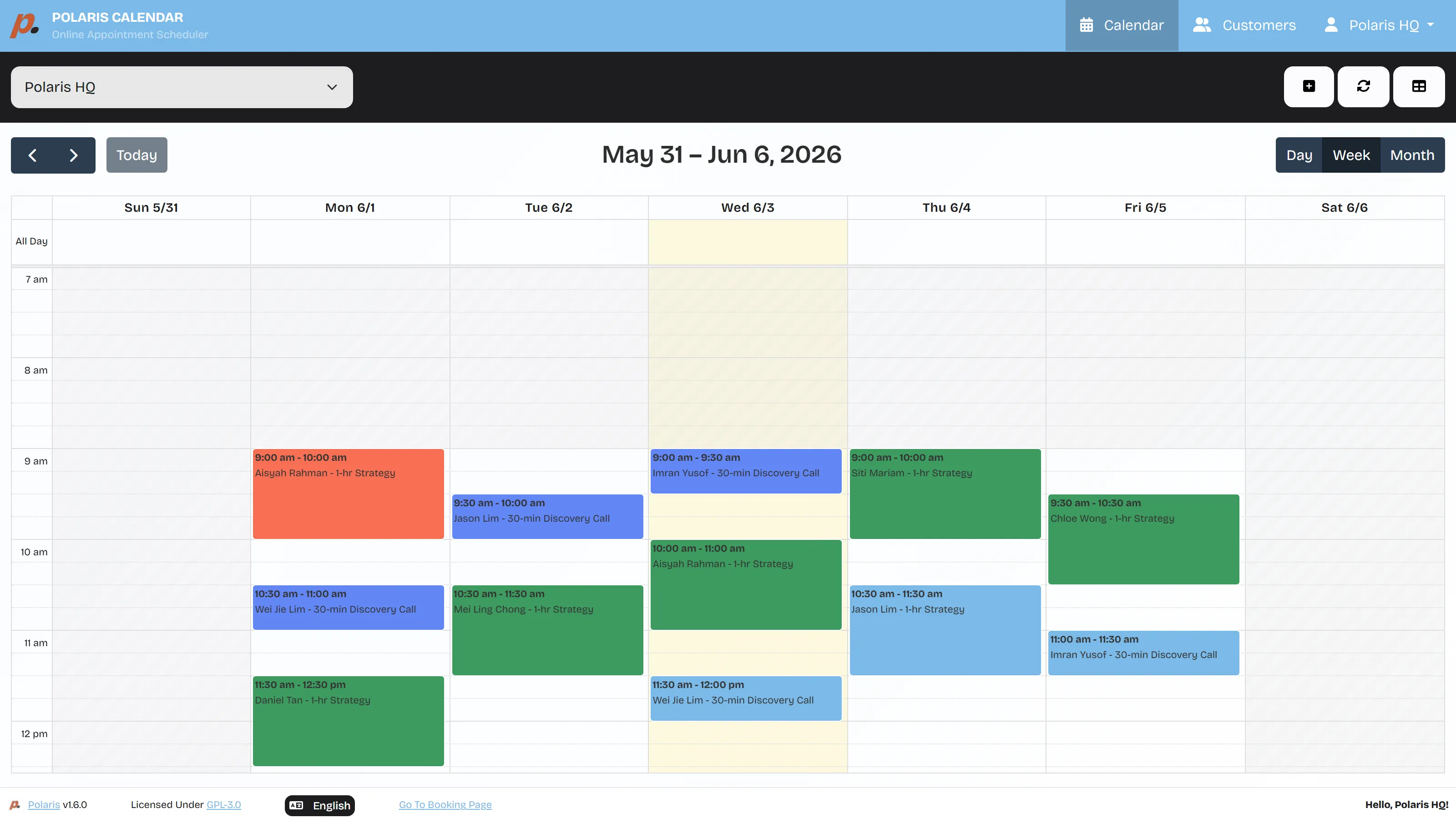 The Polaris booking calendar for the week, filled with customer appointments by service
