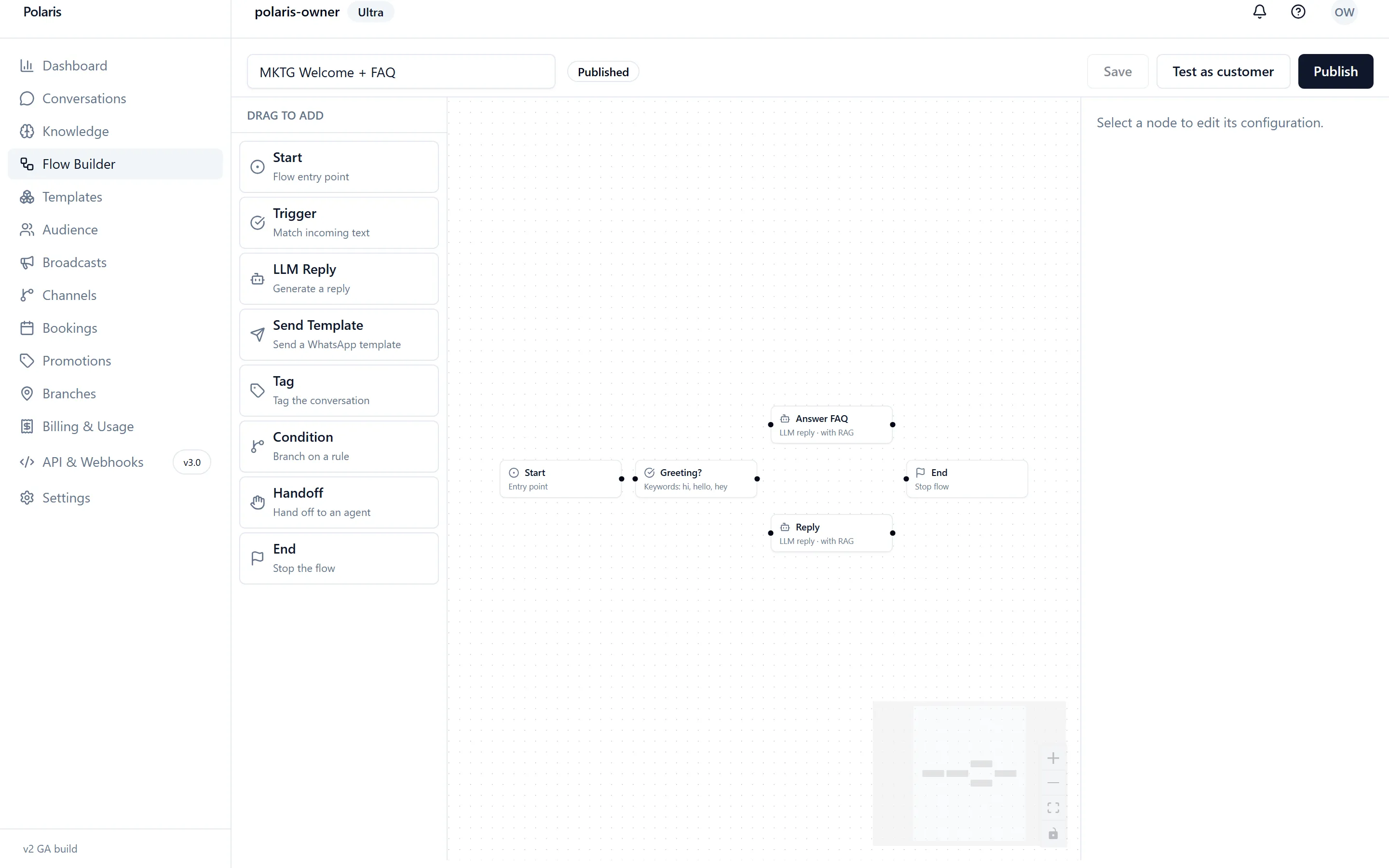 Polaris visual flow builder canvas with trigger, AI reply, condition and handoff nodes