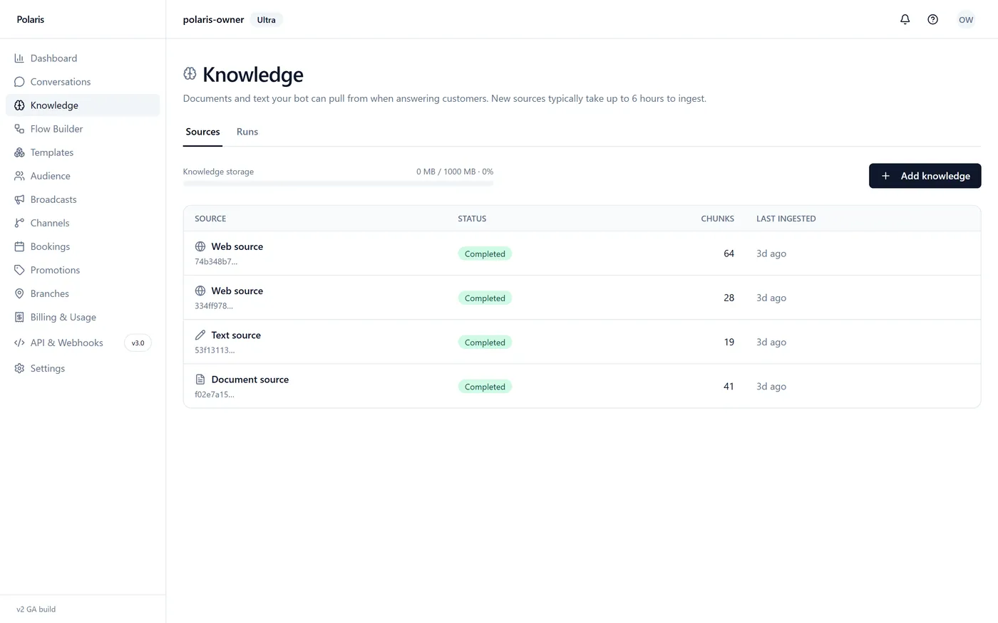 Polaris knowledge base listing ingested website, text and document sources
