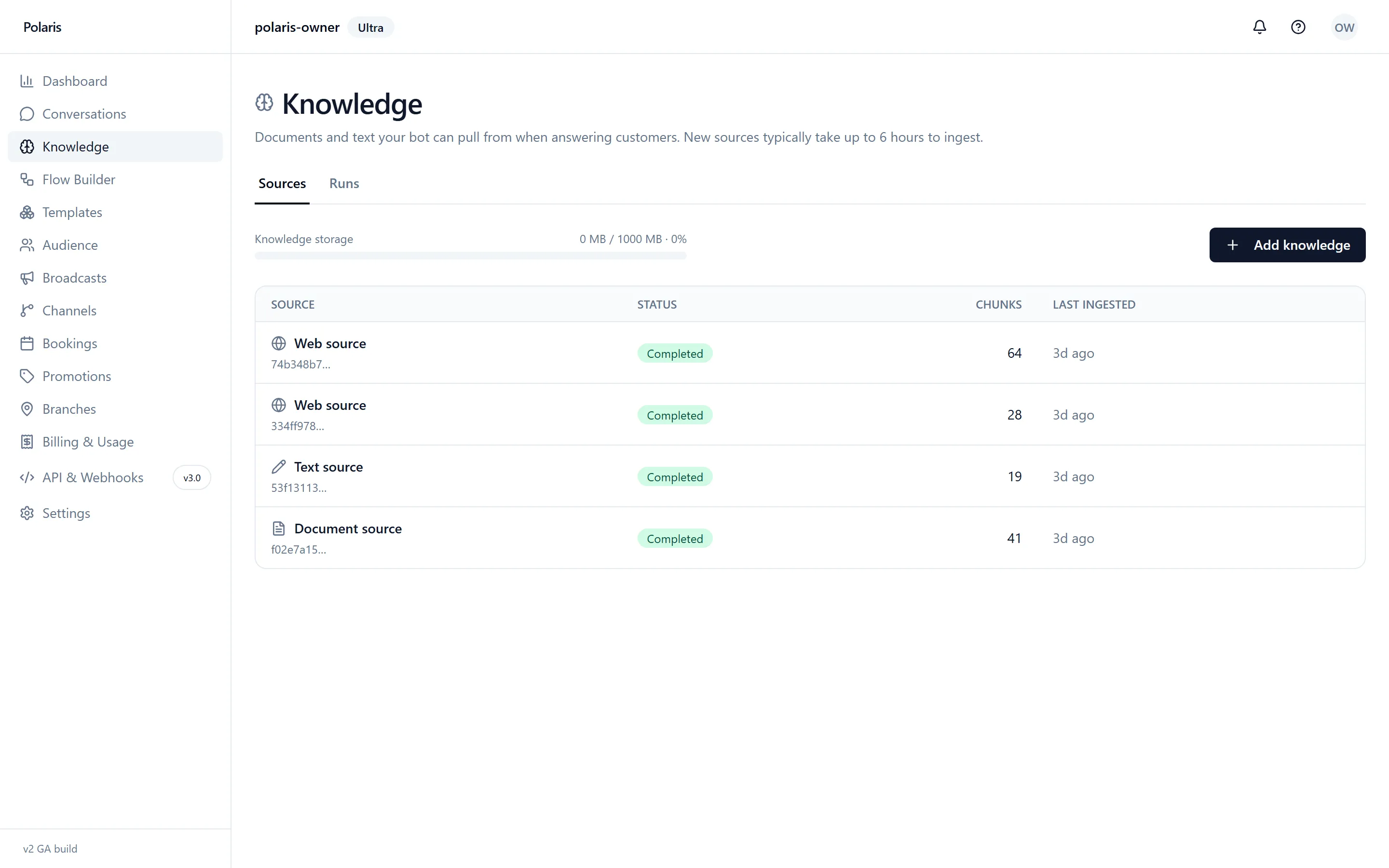 Polaris knowledge base listing ingested website, text and document sources