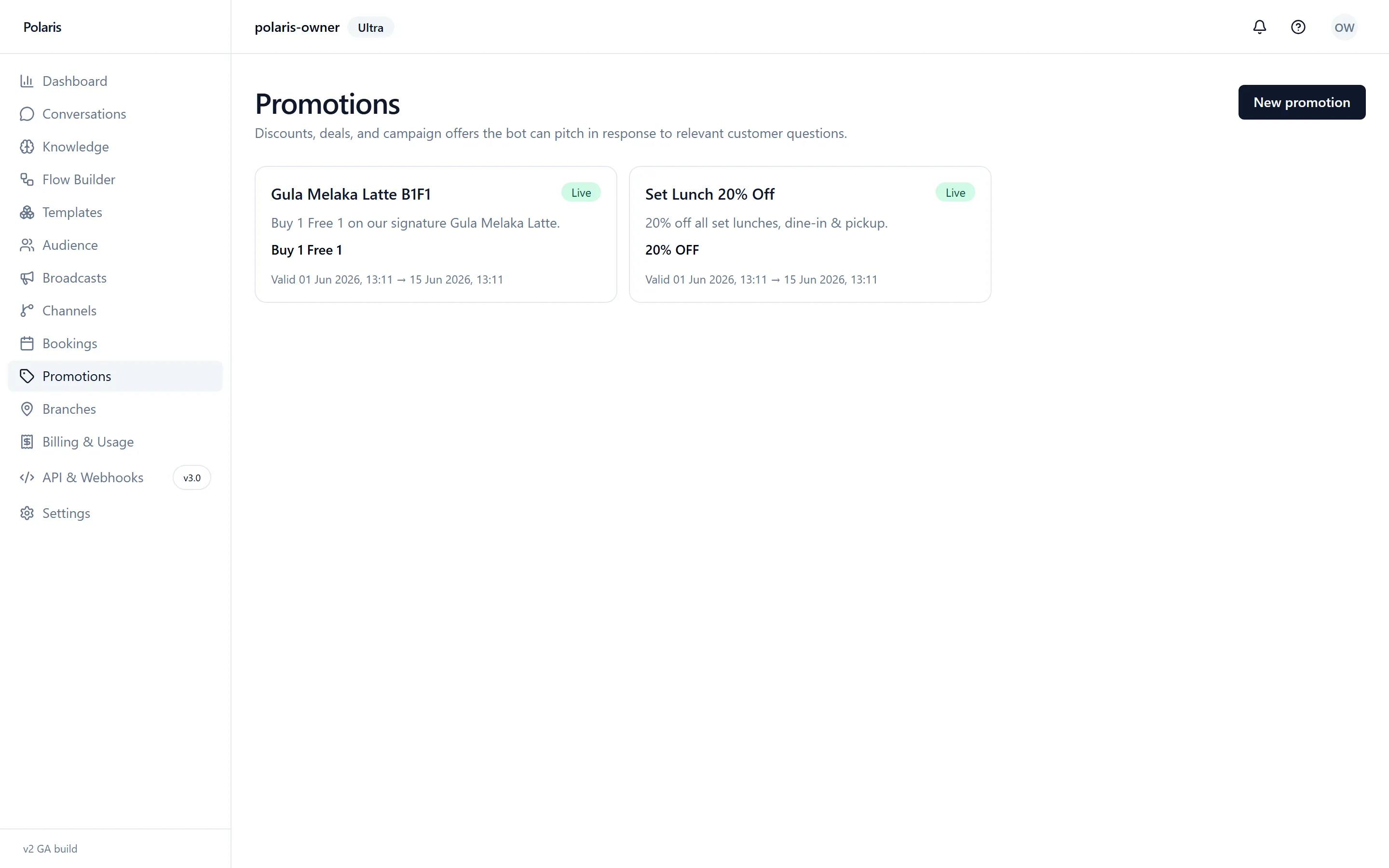 Polaris promotions page with active discount and offer cards