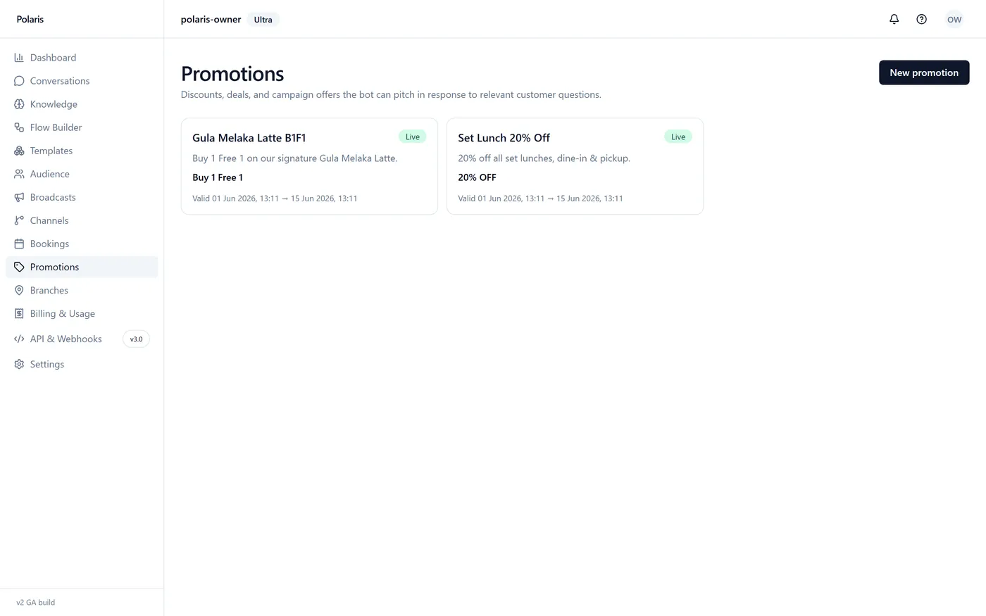 Polaris promotions page with active discount and offer cards