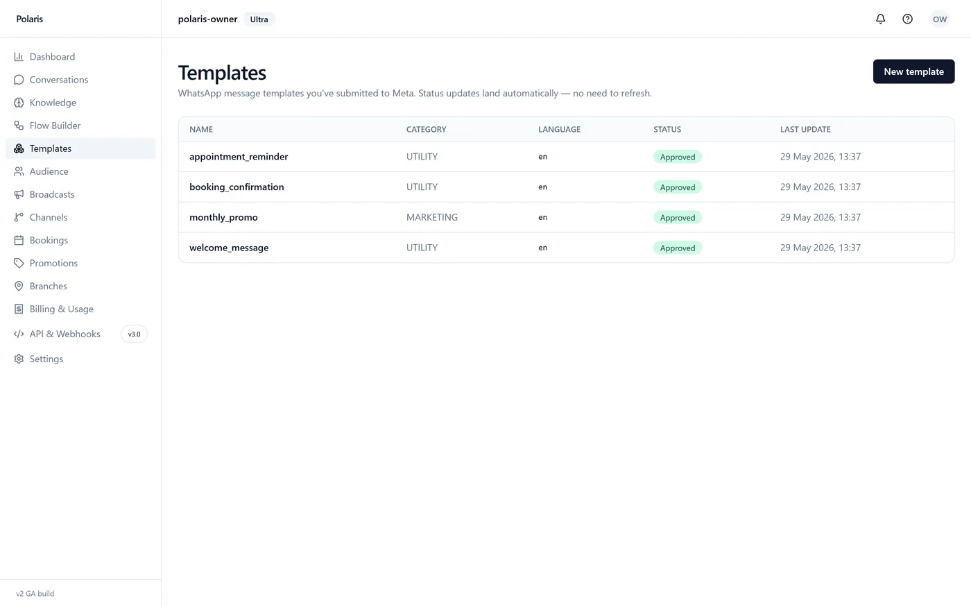 Polaris templates page listing approved WhatsApp message templates