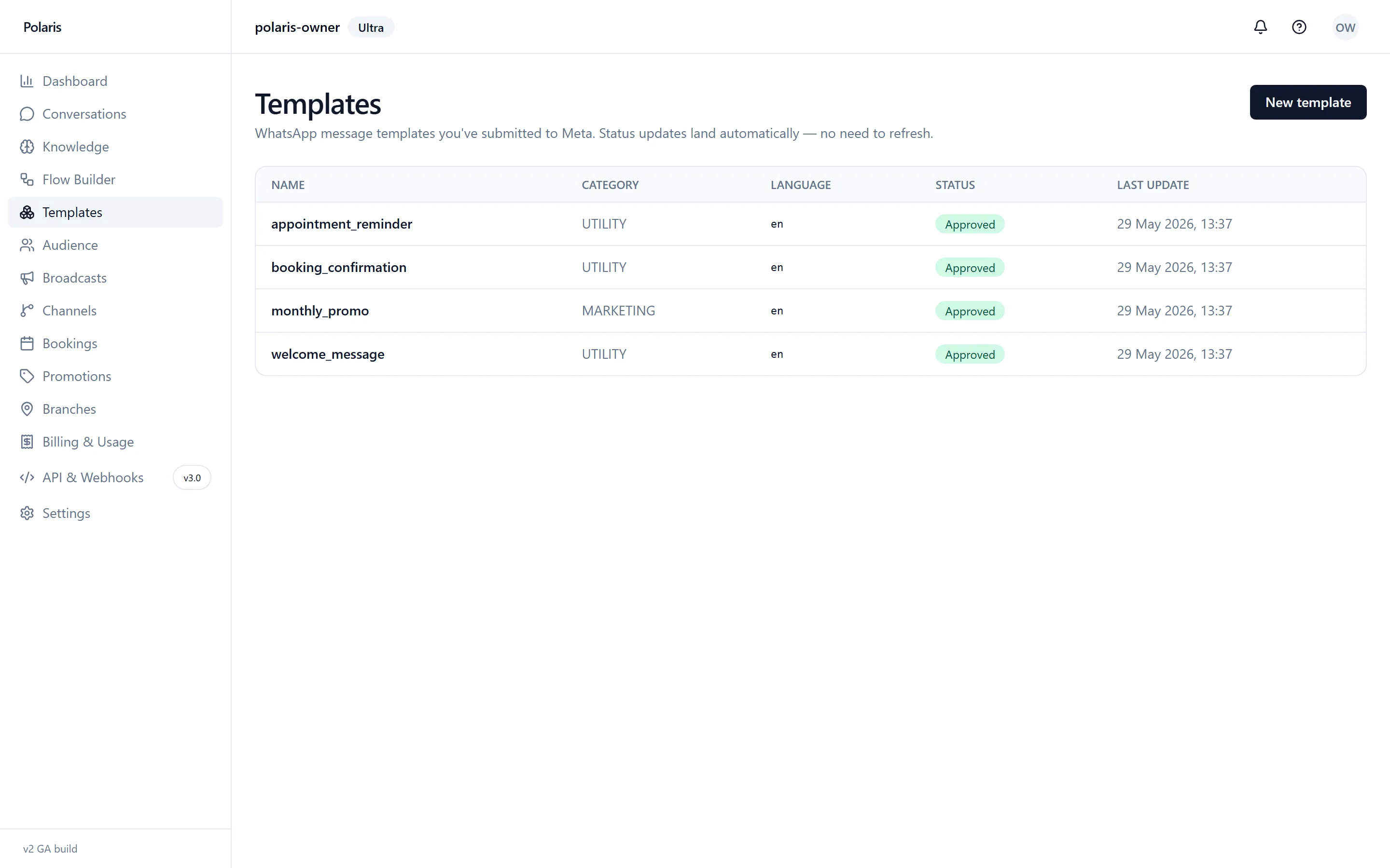 Polaris templates page listing approved WhatsApp message templates