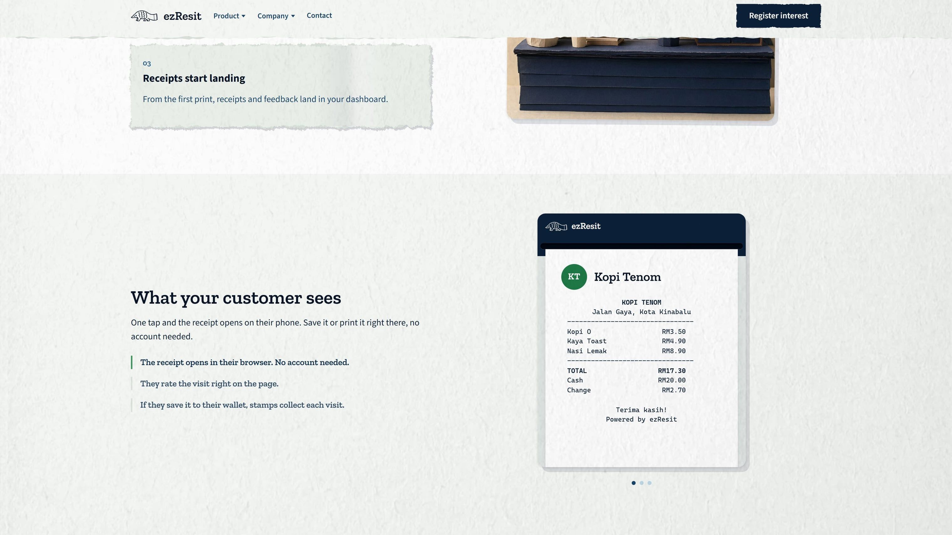The 'what your customer sees' demo mid-scroll: the live Kopi Tenom receipt embedded in the pitch, save options and all.