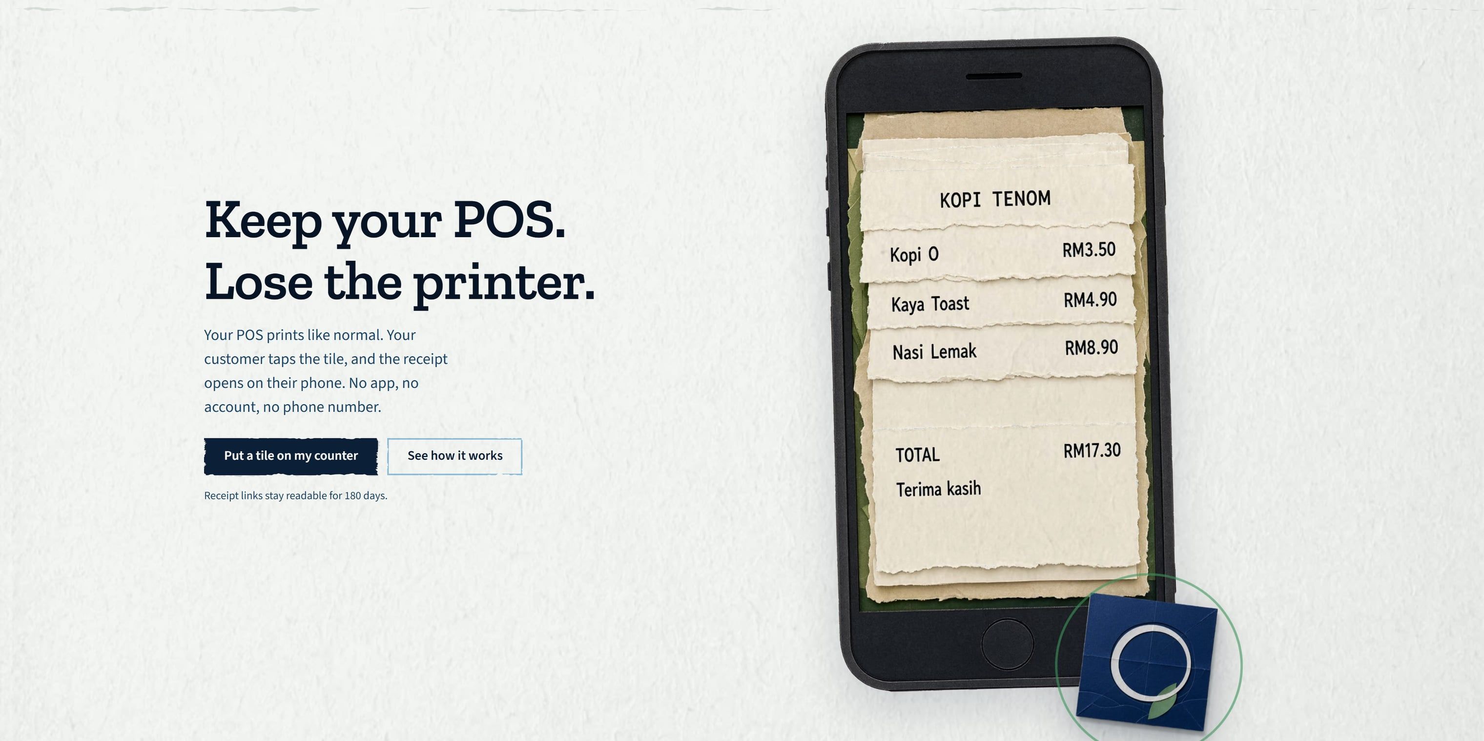 The ezResit homepage hero: a paper-crafted phone holding a kopi tiam receipt beside the line 'Keep your POS. Lose the printer.'