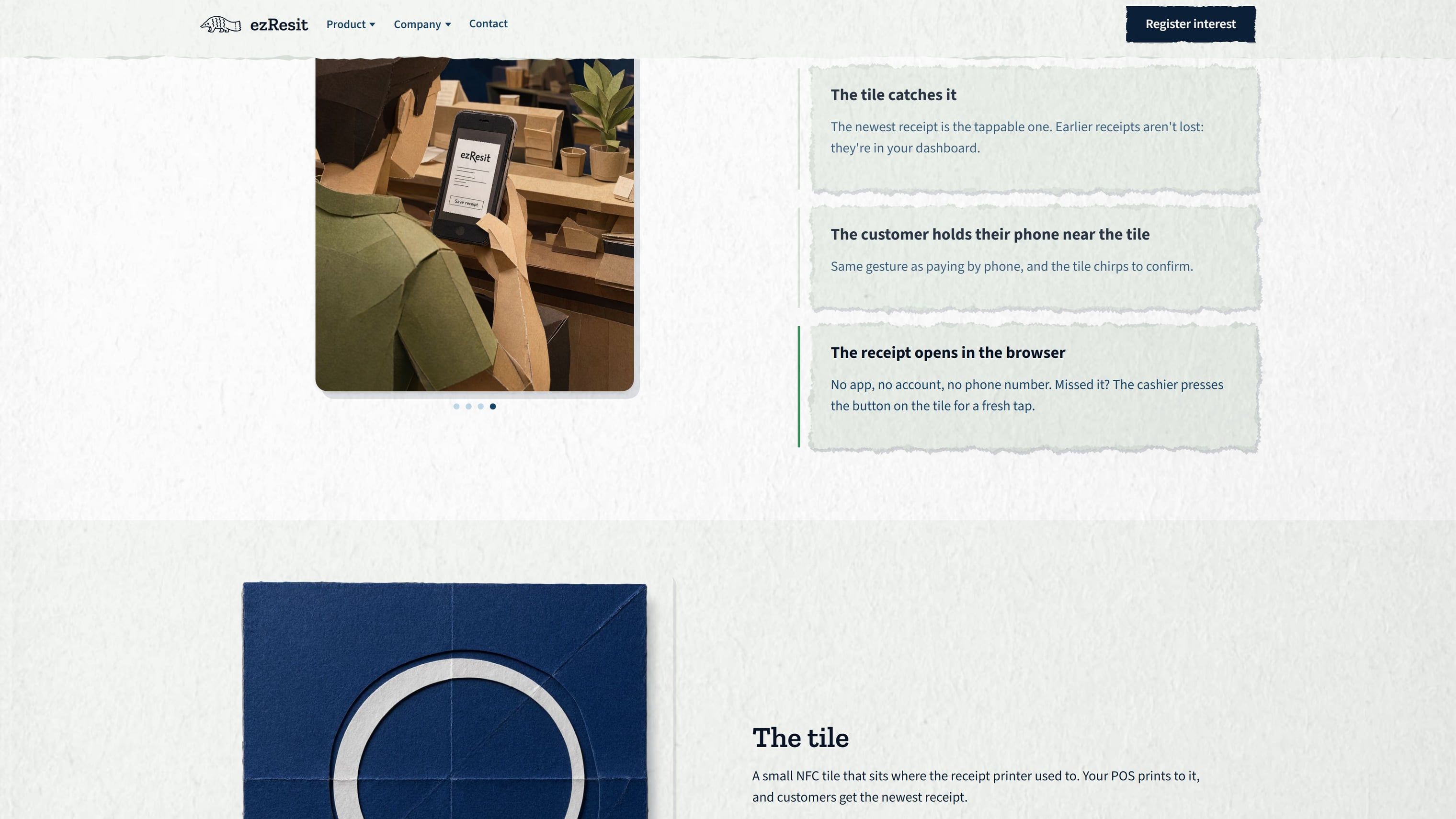 The 'one sale, one tap' scene mid-scroll: a paper hand holds a paper phone over the tile as step three highlights.