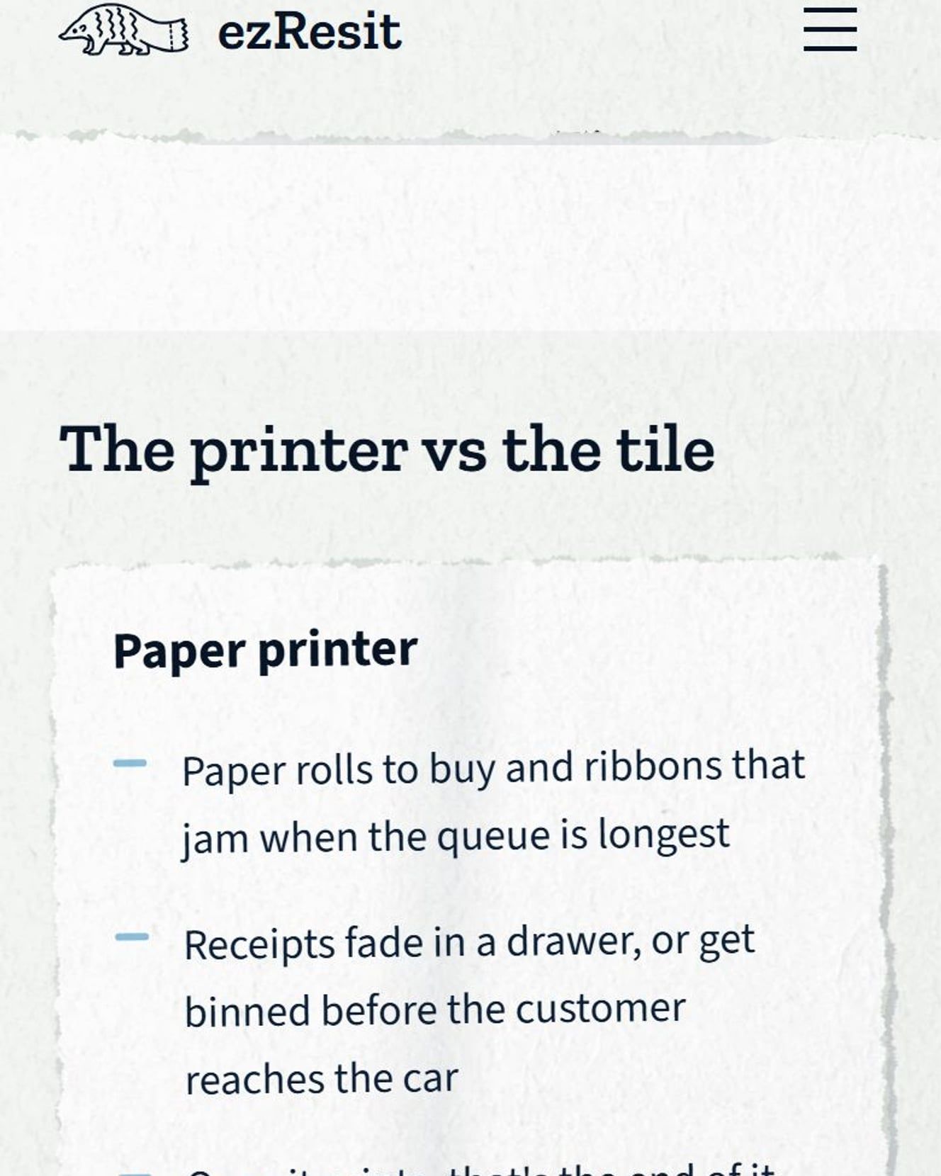 The printer-versus-tile comparison on a phone, in the size a merchant will actually read it on.