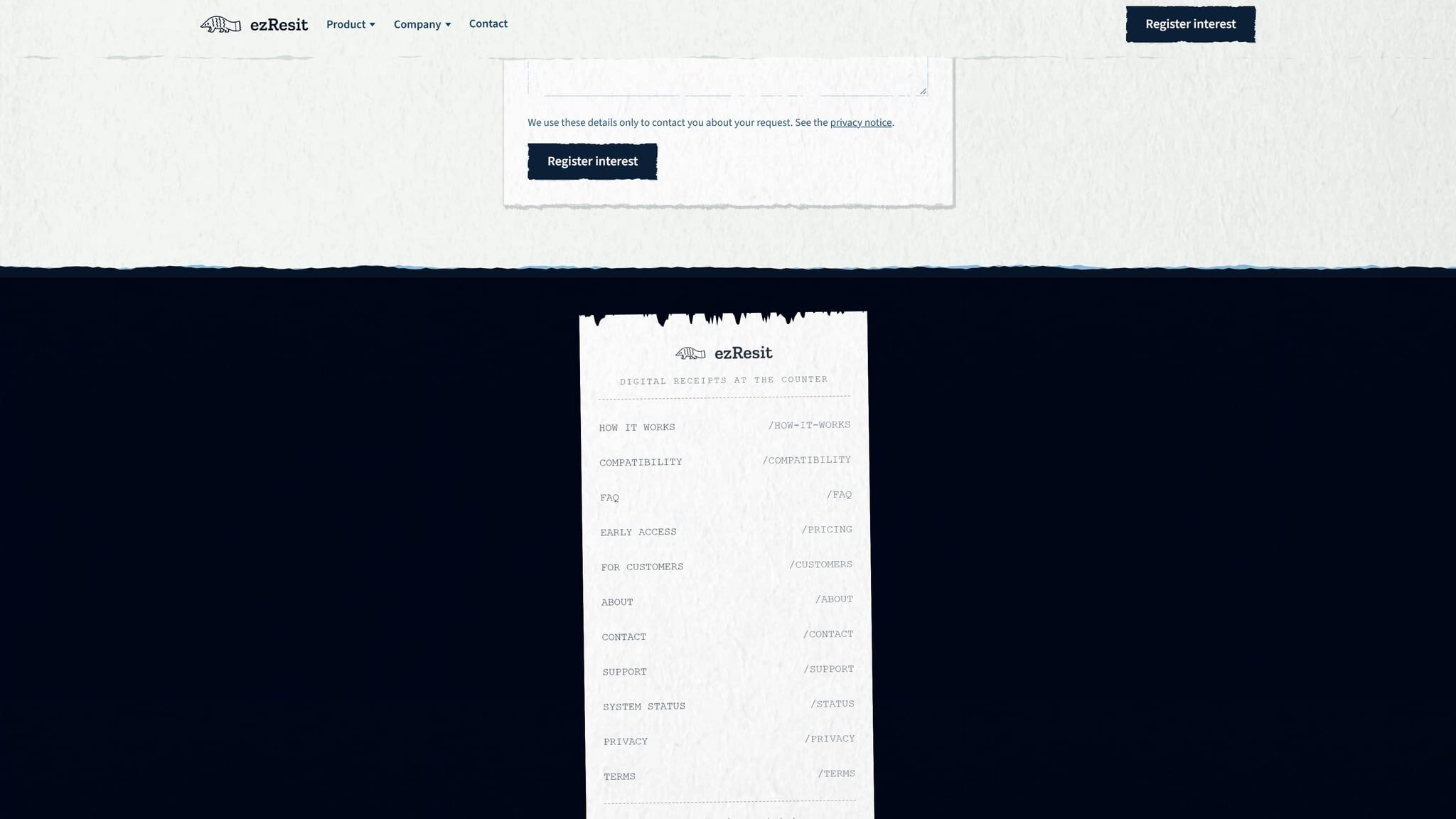 The register-interest form: the only ask on the whole site.