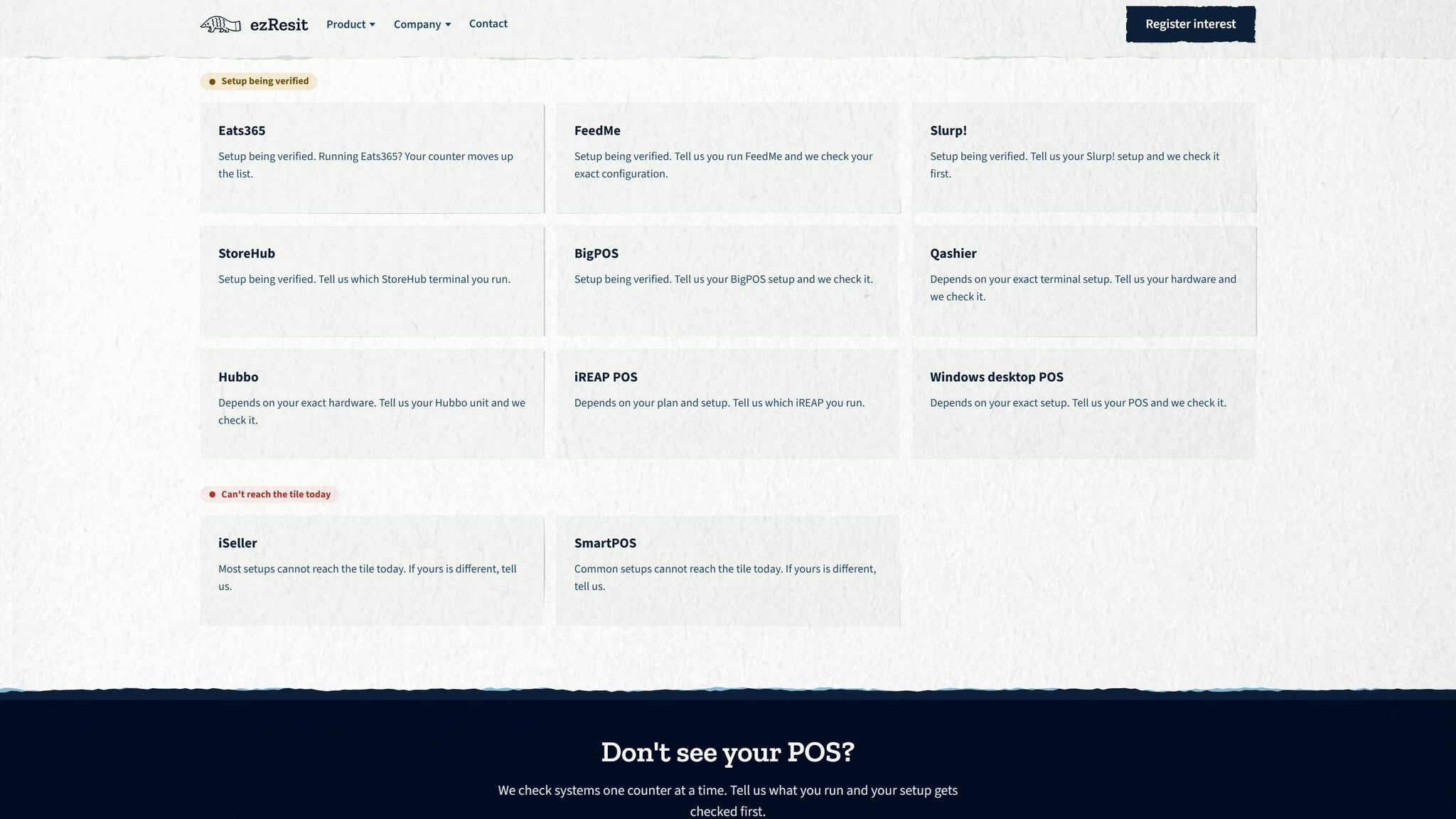 The compatibility page: named POS systems under three honest statuses, including the ones it can't reach today.