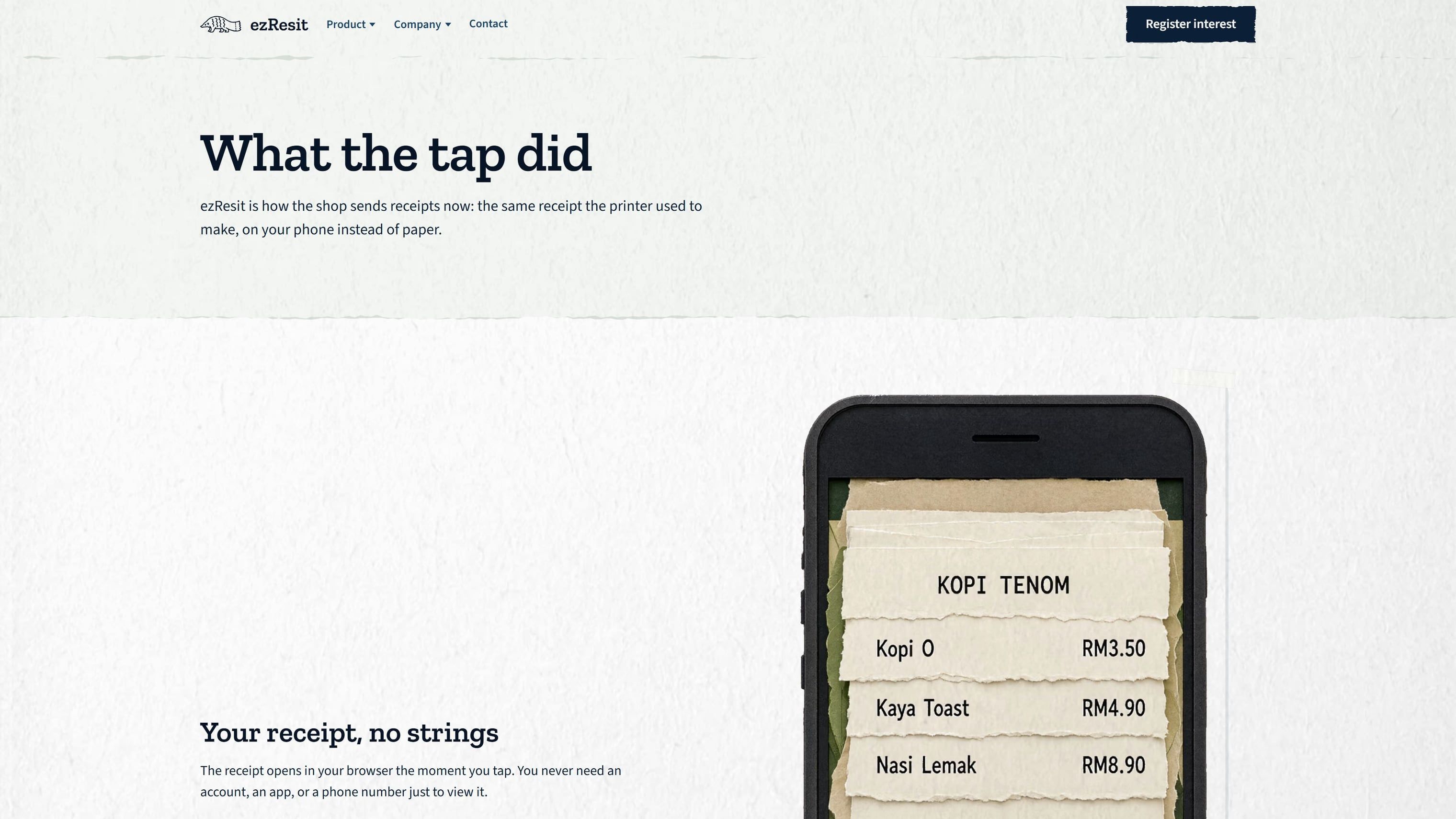 The customer-facing page: 'What the tap did', for whoever just held their phone to the tile.