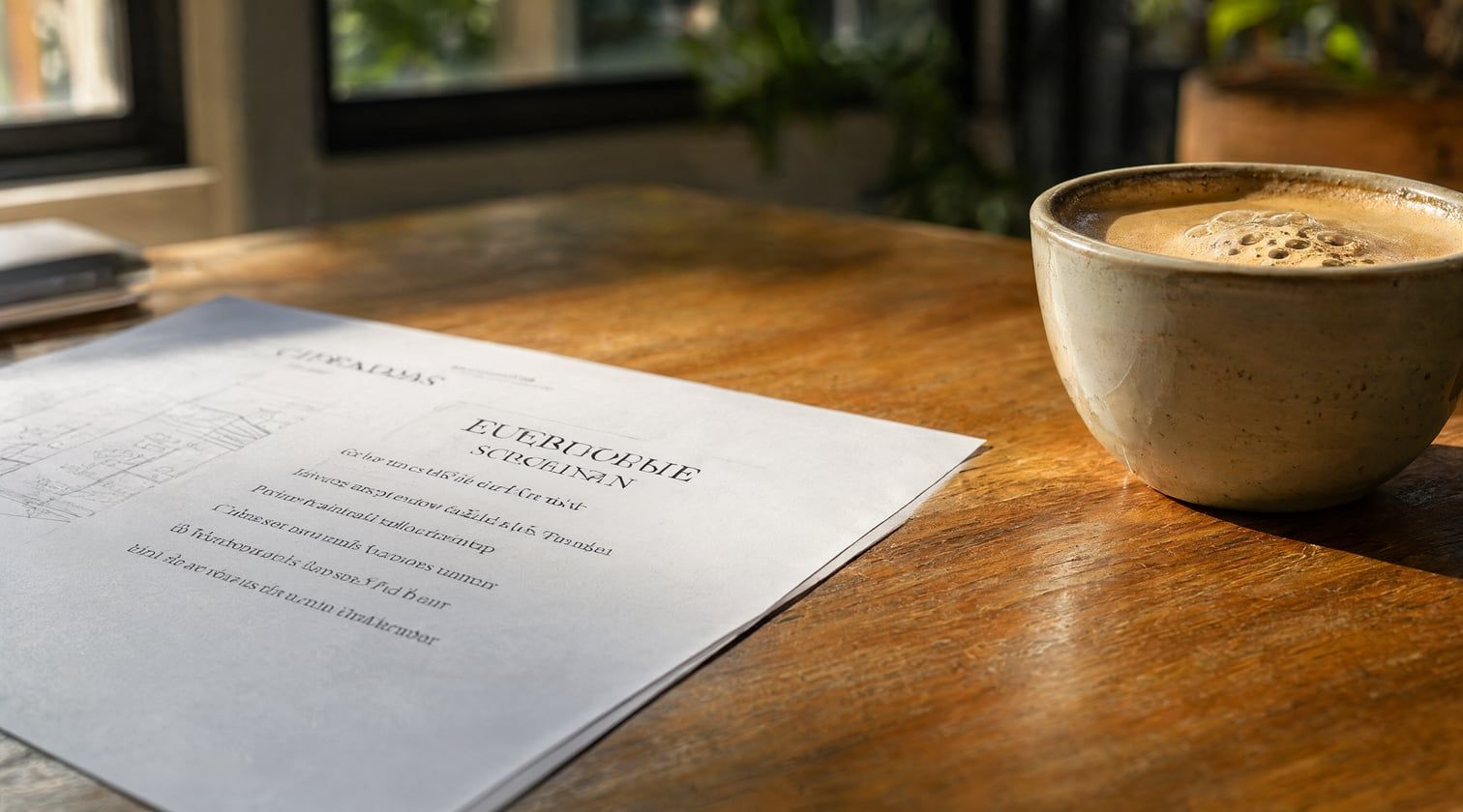 A printed project brief on a studio desk beside a cup of kopi, its text soft and unreadable