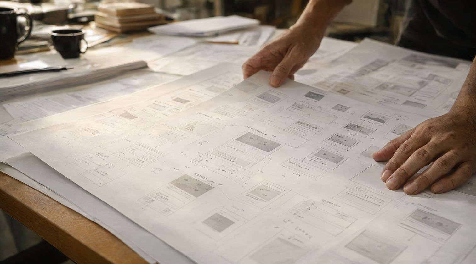 Printed sitemap and wireframe sheets spread across a studio table, their detail blurred