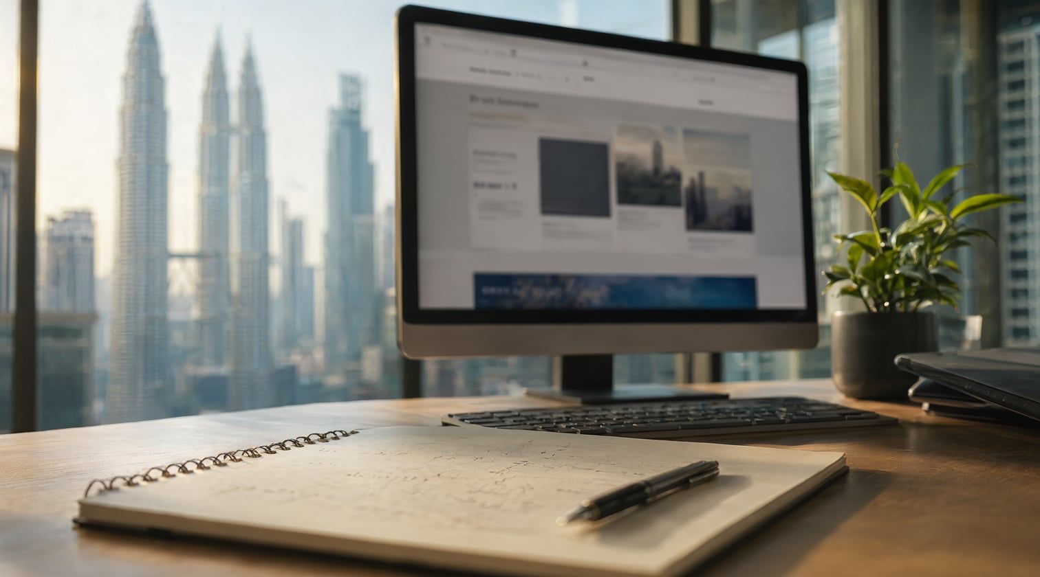 A studio monitor showing a homepage design in progress, the screen content out of focus