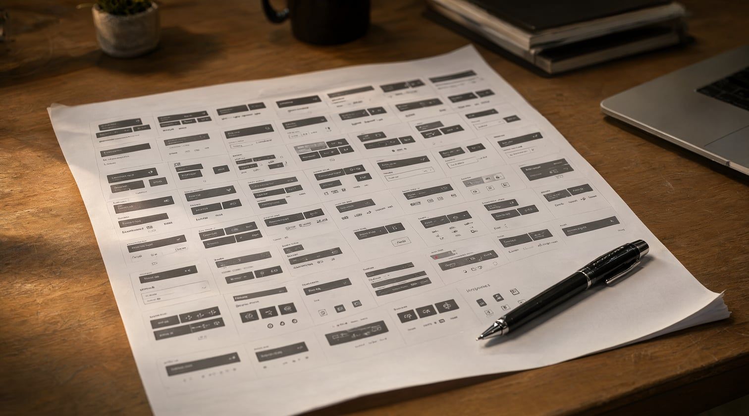 A printed component inventory sheet laid out on a desk, its labels unreadable