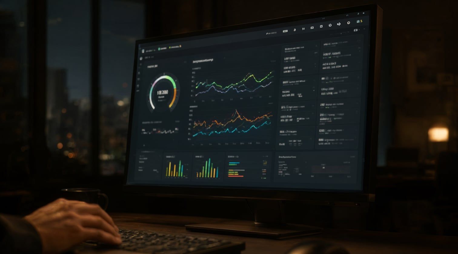 A monitor in a dim studio showing a website performance dashboard at a shallow angle, its numbers illegible