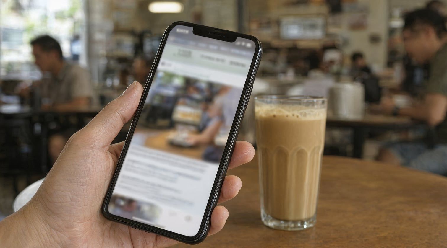 A hand holding a phone showing a live website over a kopitiam table, the screen just out of focus