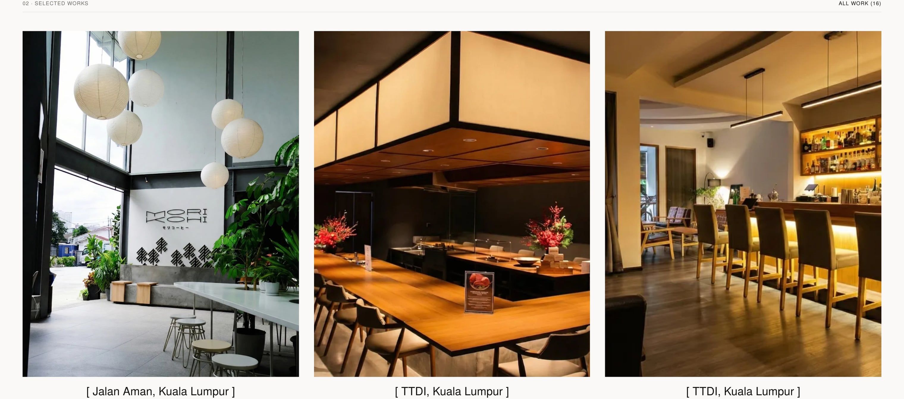 Selected Works on the homepage, with each featured project carrying its location.