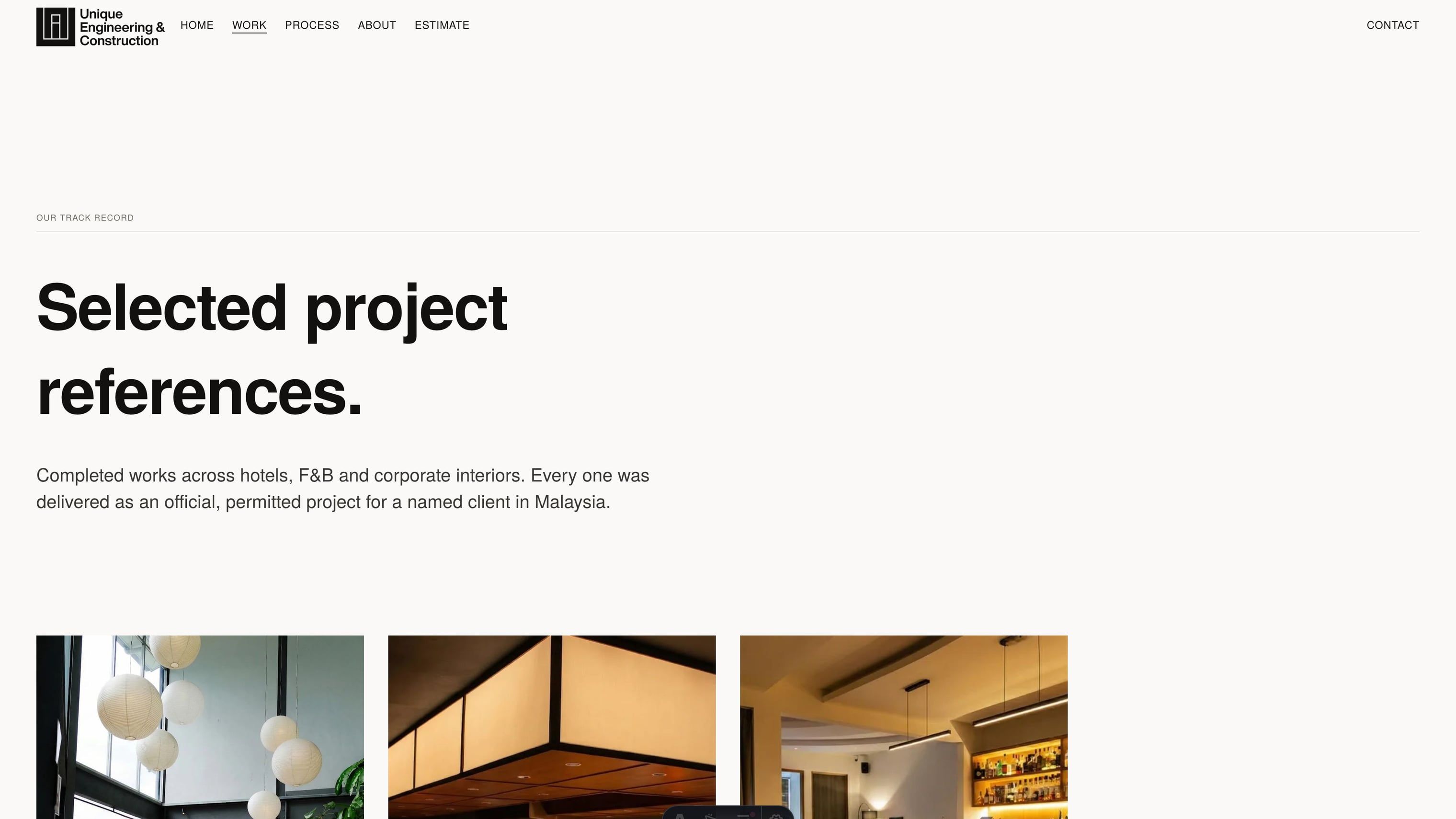 The work index, where all sixteen projects sit with client names, sectors and scopes.