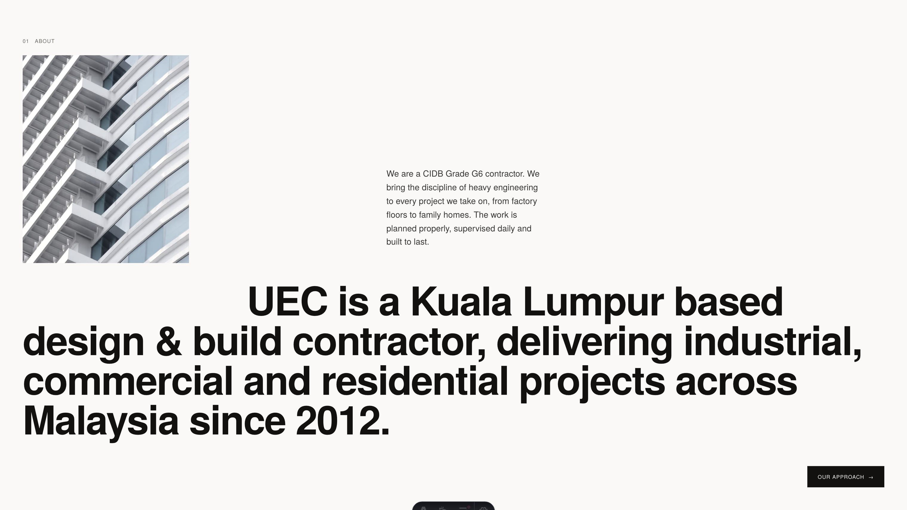 The rebuilt intro section: the firm's credentials stated in one measured sentence beside real project photography.