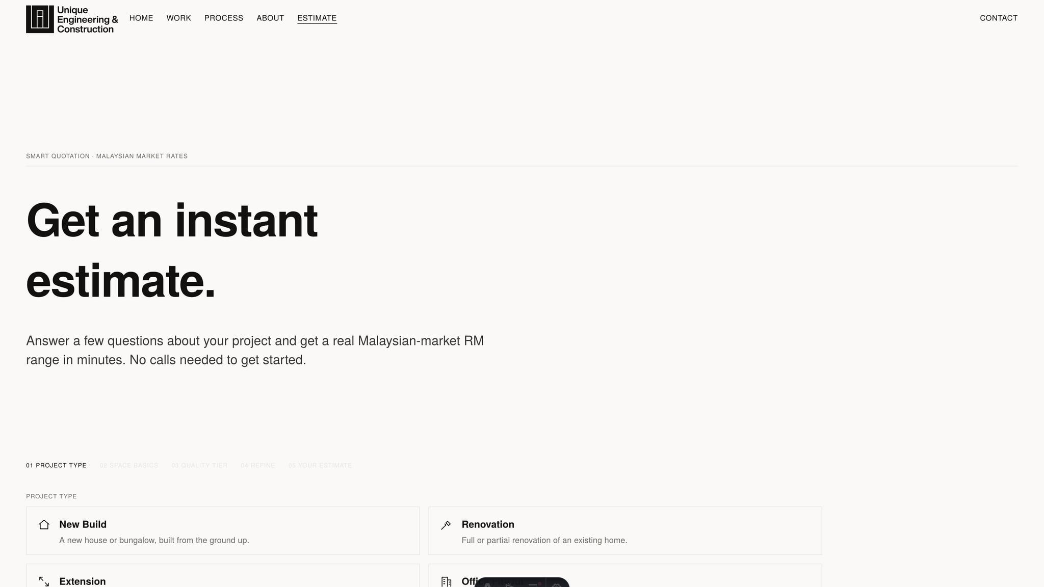 Step one of the estimate: picking a project type.