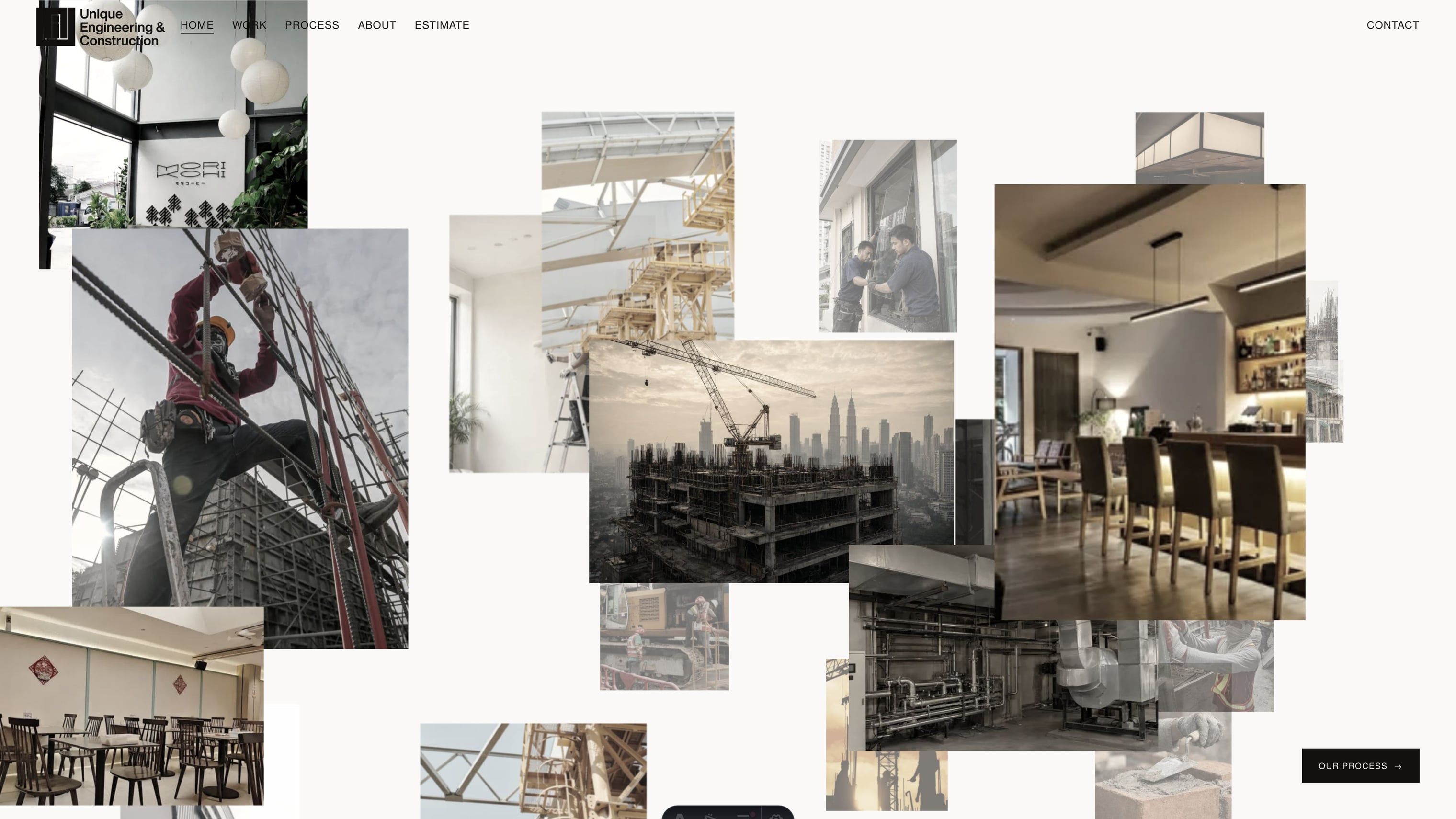 The works canvas, a drifting field of project images that the scroll later dives into.