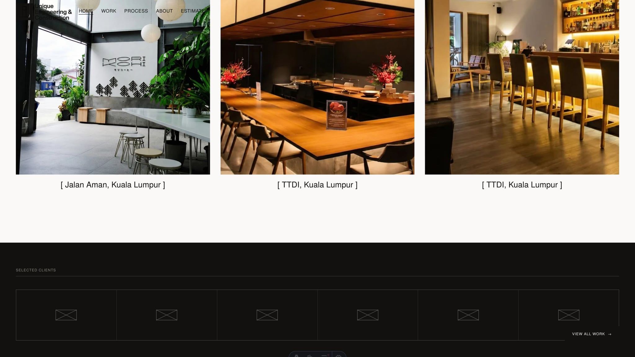 Featured project cards on the homepage above the track-record band.