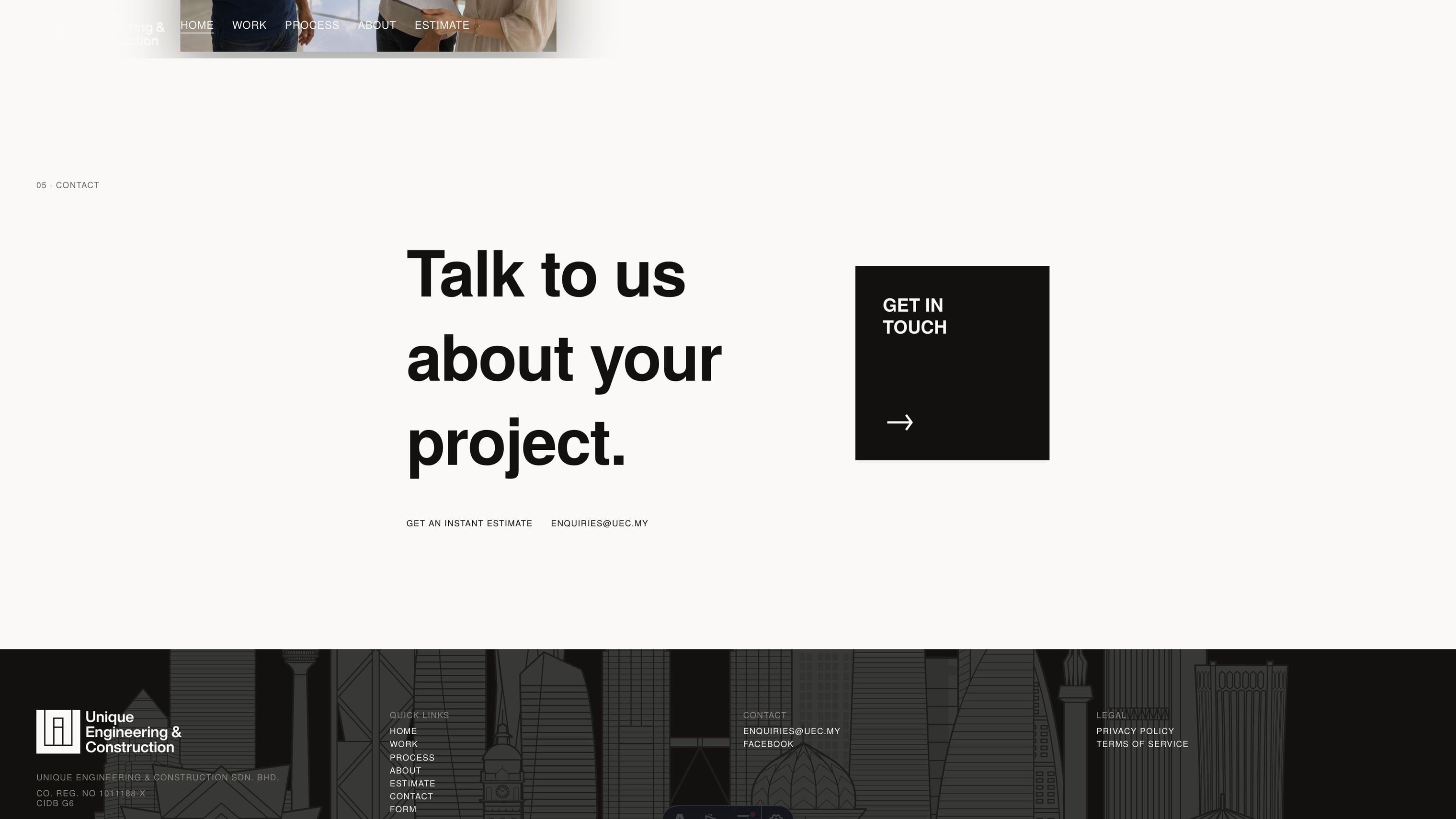 The contact block: 'Talk to us about your project' beside the KL skyline mark.